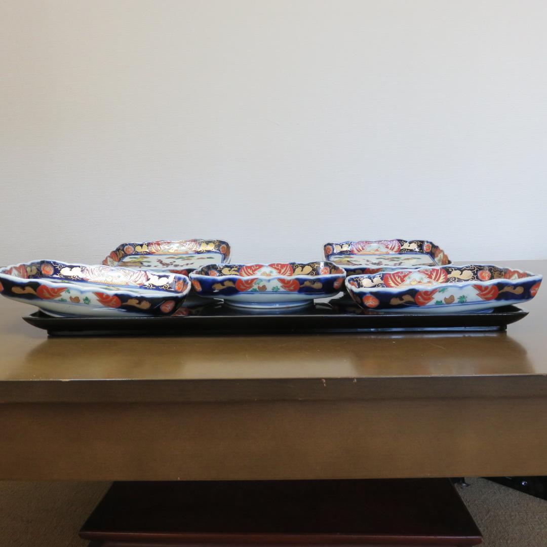 角皿 金彩 色絵付け 歪みあり 松竹梅 人物 船 小鳥 紅葉 5脚 江戸時代