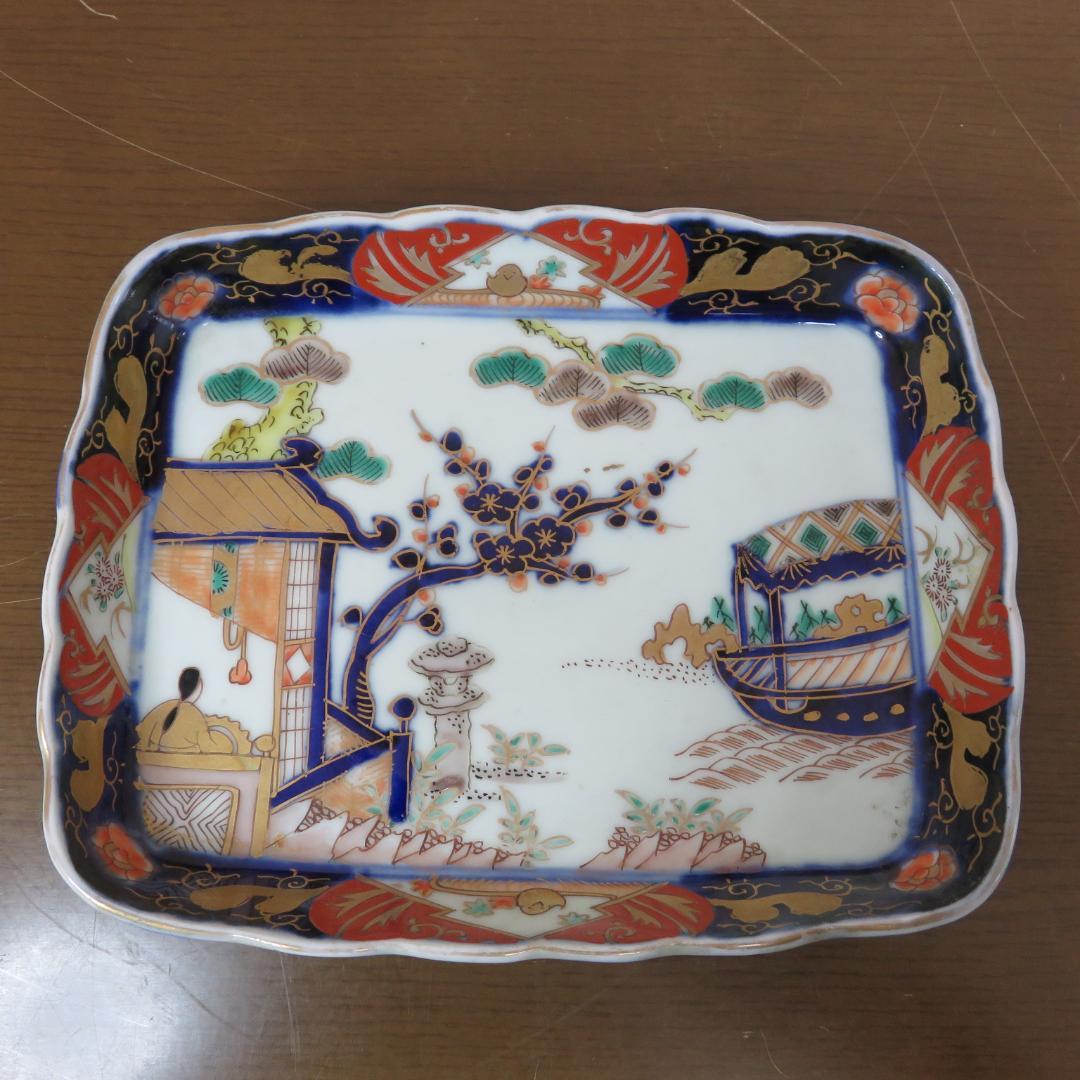 角皿 金彩 色絵付け 歪みあり 松竹梅 人物 船 小鳥 紅葉 5脚 江戸時代