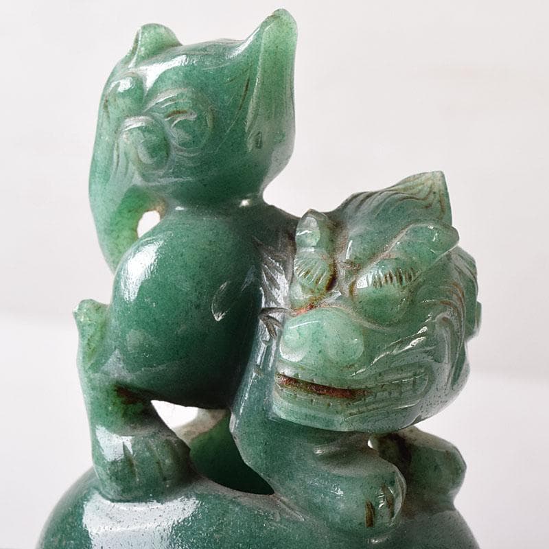 中国　玉石翡翠彫刻　雙耳活環　獅子鈕蓋爐　香炉　V　R8792