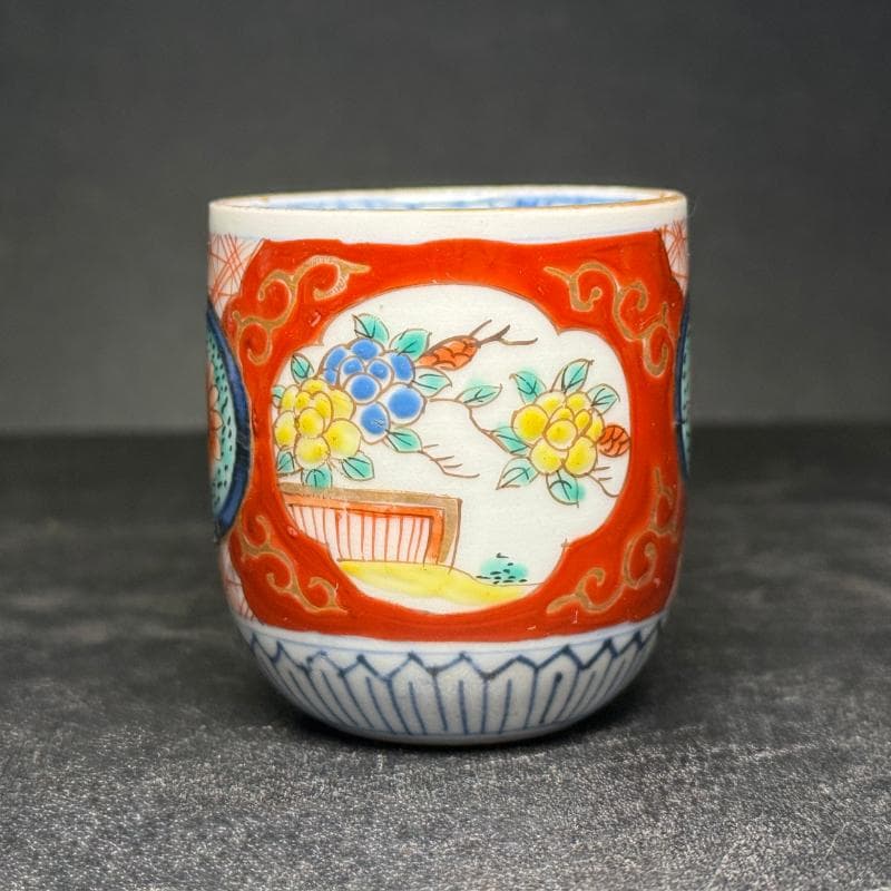 古伊万里 錦手 窓絵草花文 覗 17客 無傷 明治 小猪口 のぞき ぐい呑 煎茶