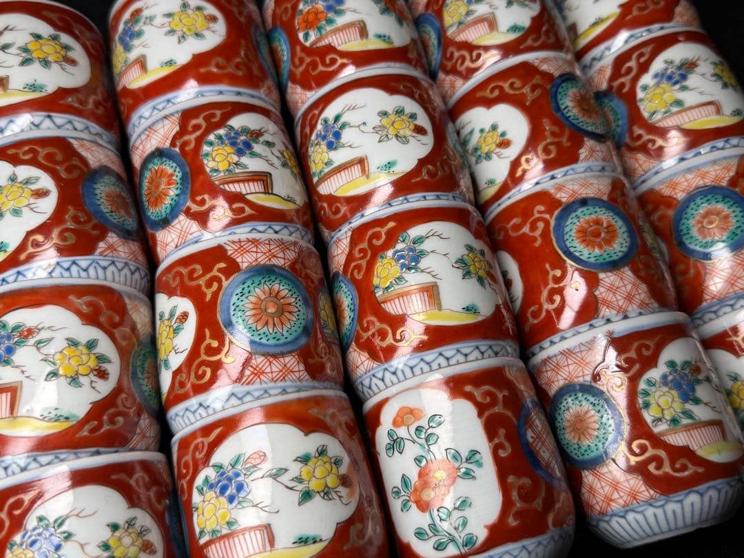 古伊万里 錦手 窓絵草花文 覗 17客 無傷 明治 小猪口 のぞき ぐい呑 煎茶