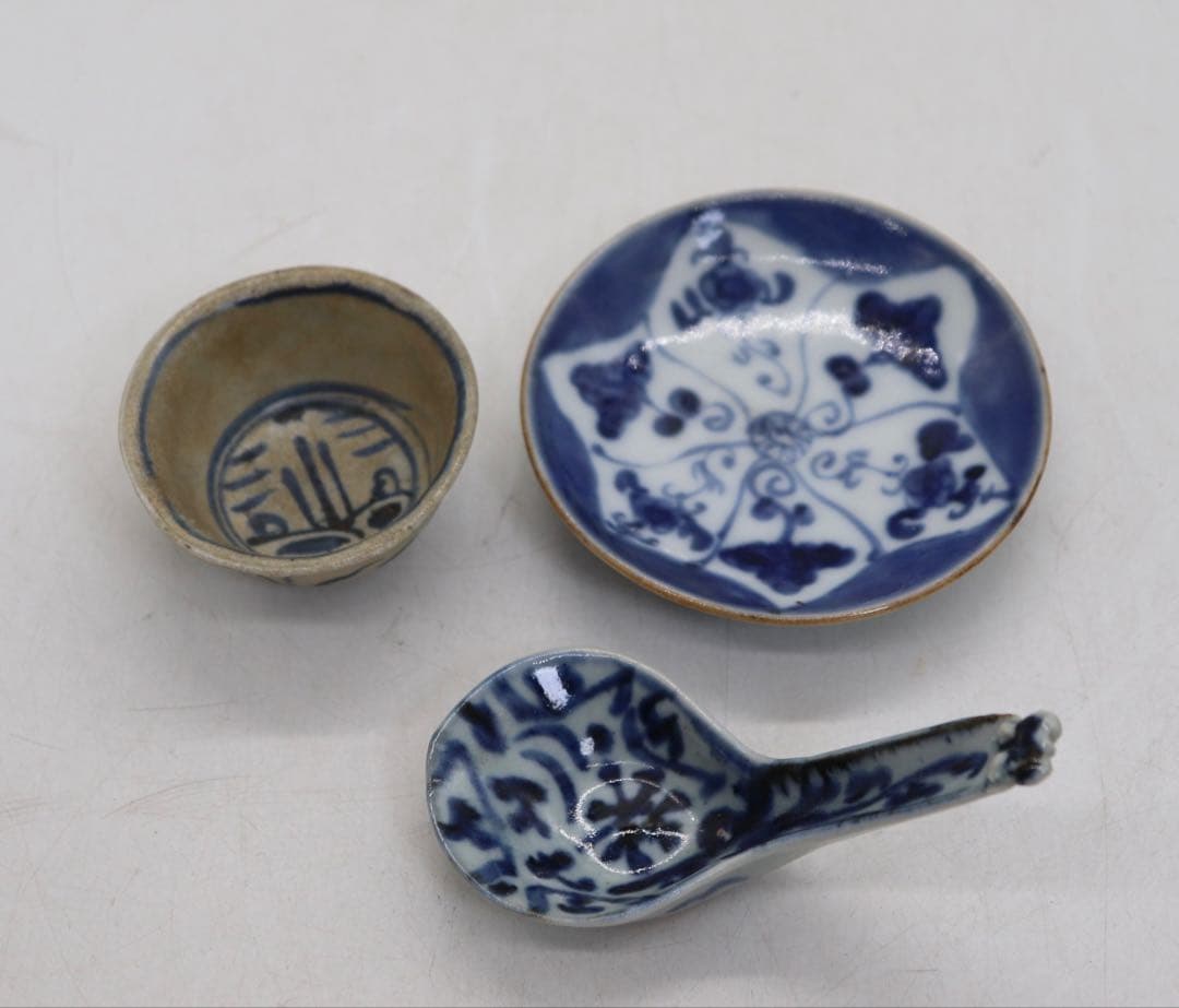 中国　明時代　清時代　小皿　小杯　レンゲ3点まとめ　アンティーク　送料込み901