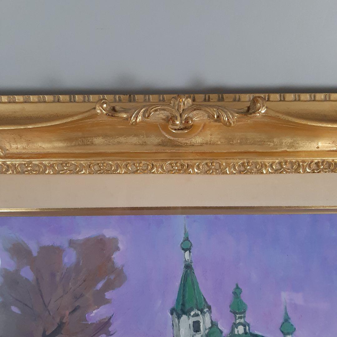 No4605 額装　菅野矢一「教会の春」油彩画　直筆サイン　箱付　絵画　送料無料