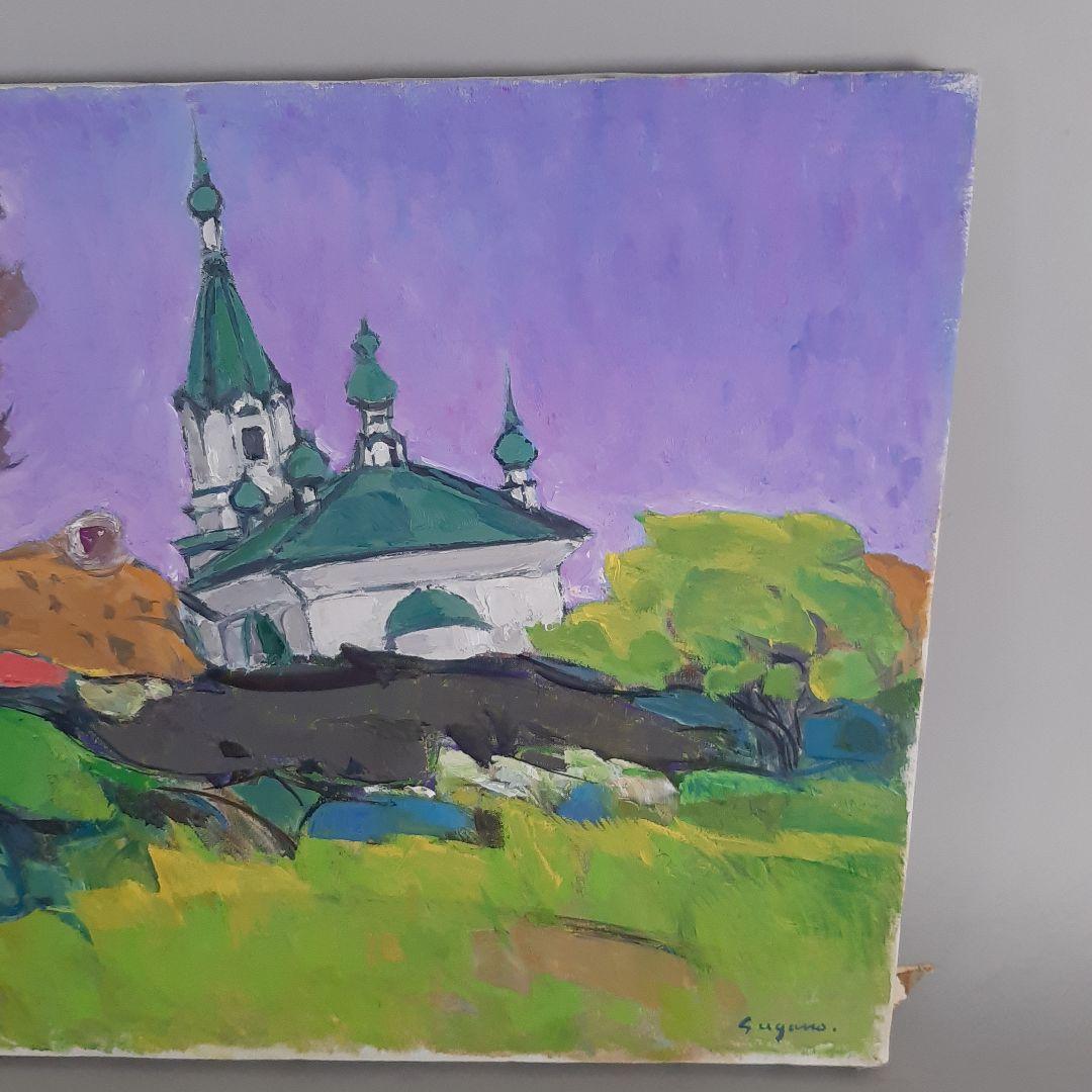 No4605 額装　菅野矢一「教会の春」油彩画　直筆サイン　箱付　絵画　送料無料