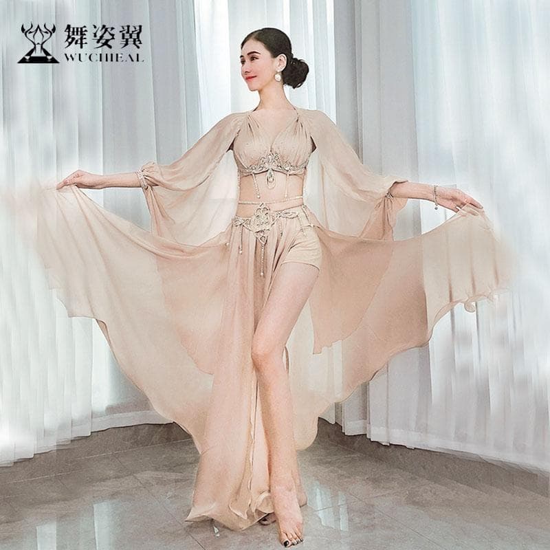 ベリーダンス衣装 ラインストーン文胸ロングスカート 舞台用シャンパンベージュ