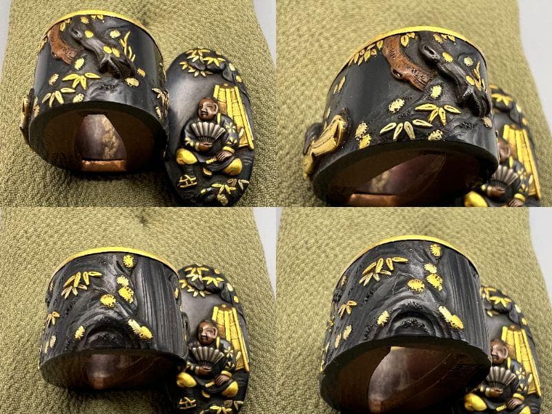 【海】江戸後期屈指名工！浜野矩随！『矩随』在銘 赤銅人物高彫金銀象嵌 縁頭 超絶