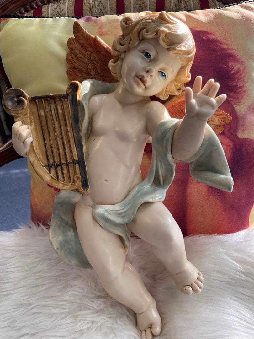 陶器製 天使の像 ハープ付き 約30cm