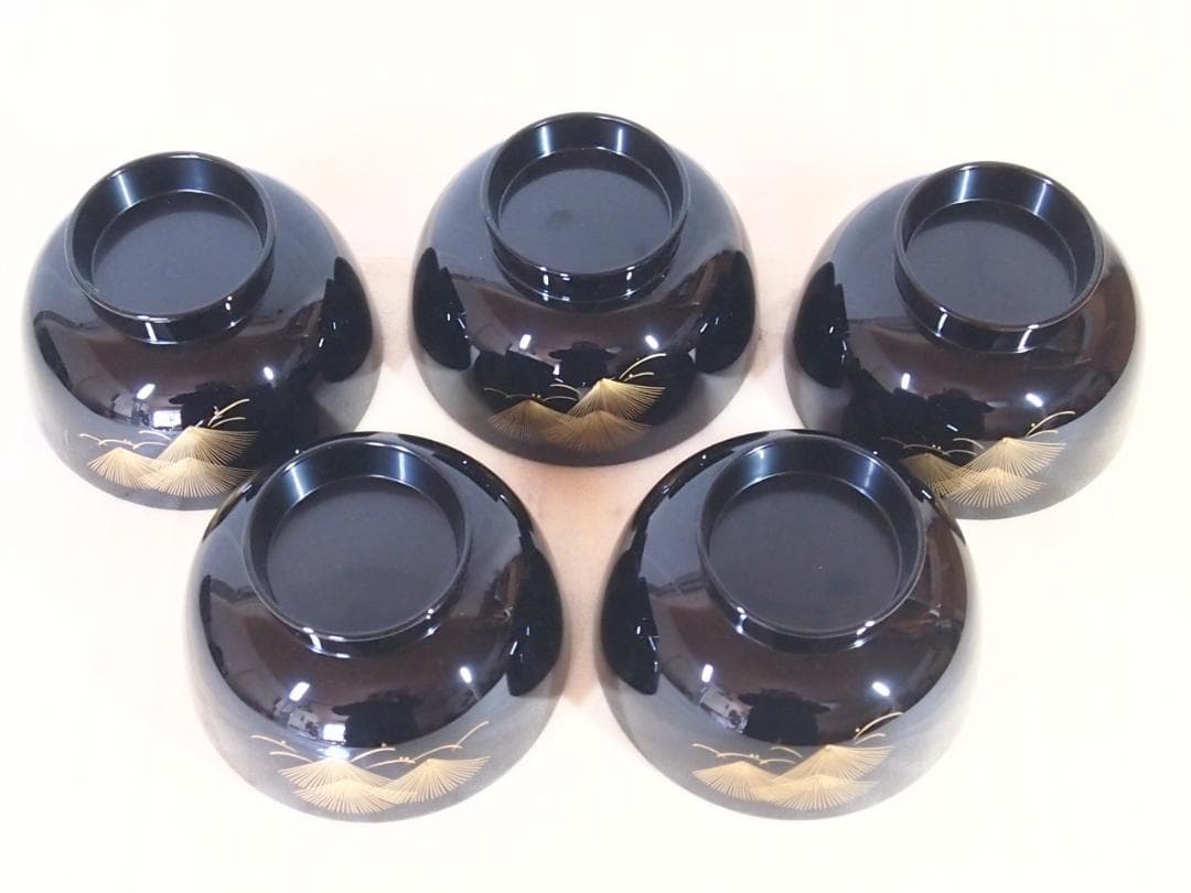 【未使用】輪島塗 五島屋謹製 西岡勇人作 寿松沈金 煮物椀 5客 雑煮椀/大椀