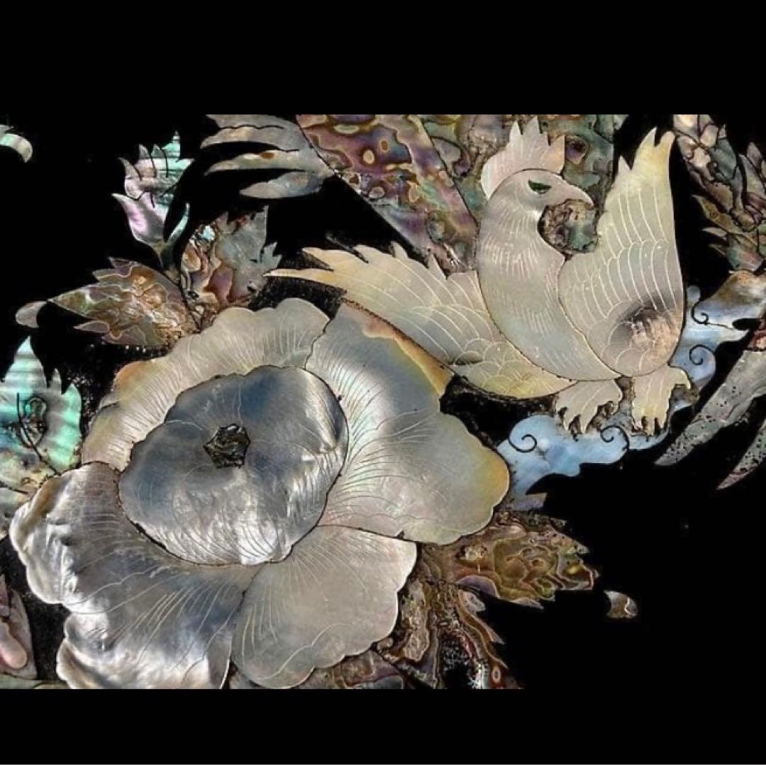 韓国美術 螺鈿細工 漆 /李朝膳 小盤 海州盤ローテーブル：花鳥画福喜囍