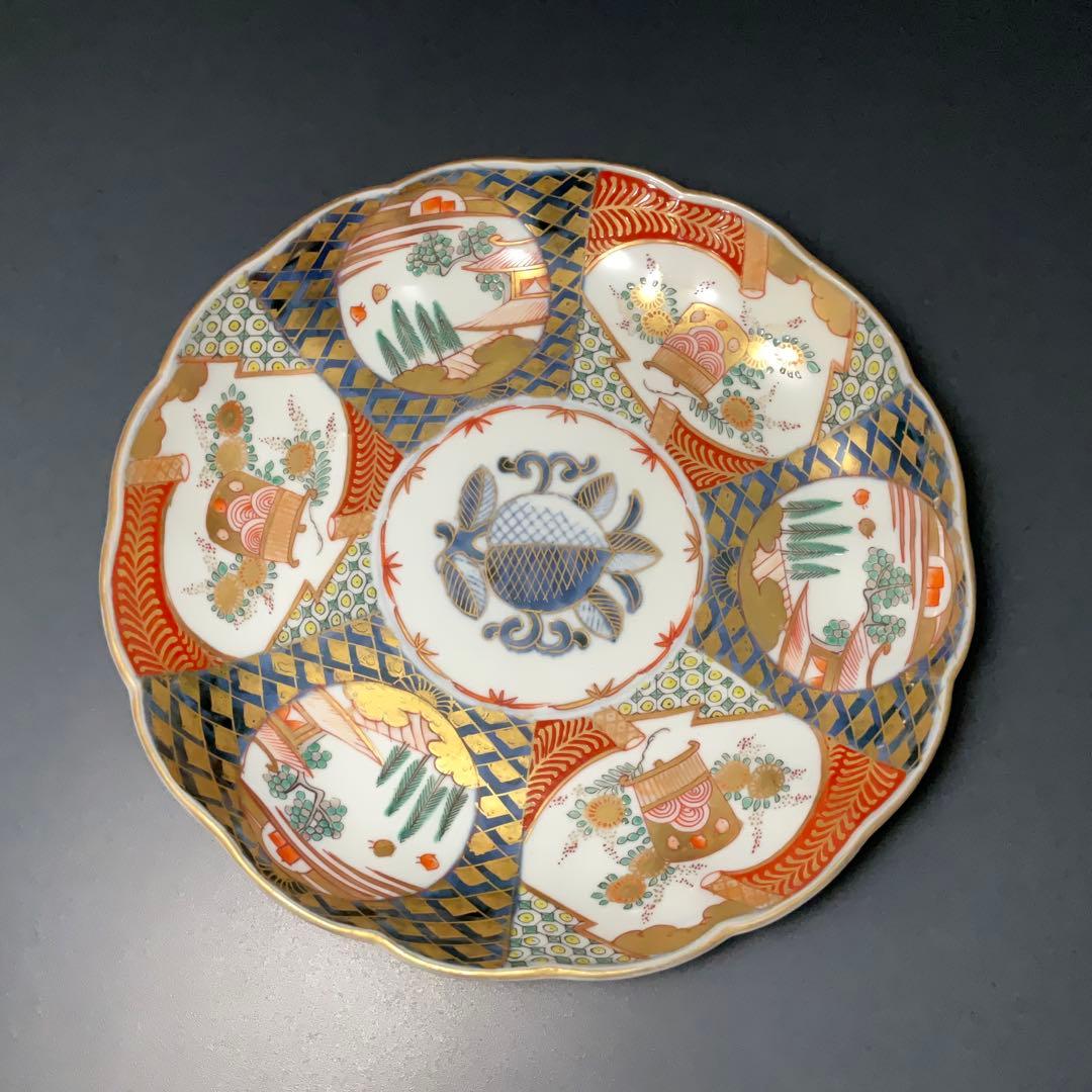 伊万里金襴手花に鳥籠図七寸皿∅21㎝　骨董　古伊万里　通り文　R1355w2B2