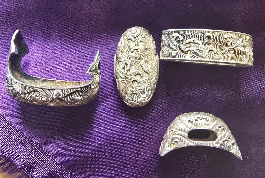 時代 拵金具一作 銀地 4点 刀装具