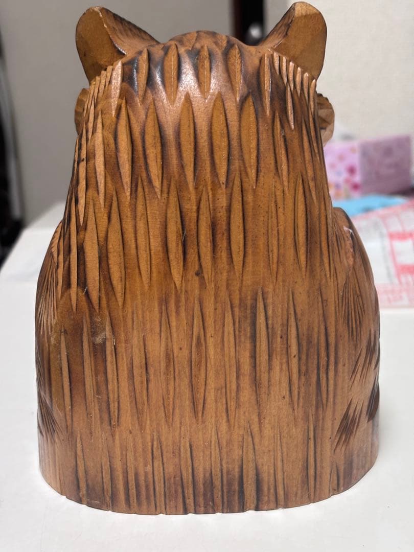 木製フクロウ彫刻 約15cm