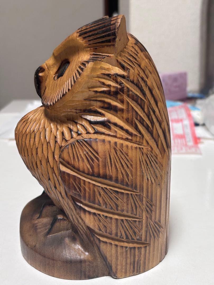 木製フクロウ彫刻 約15cm