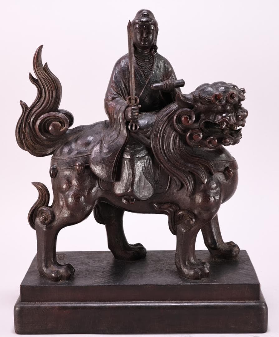 でこい　石崎秀峰 勤作 「 木彫 文殊菩薩 」 金銘　共箱 高さ37.5㎝