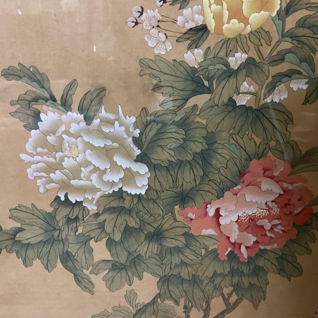 中国画 花鳥図 木枠扁額 【 牡丹に小禽図 】 落款名無 作者不詳