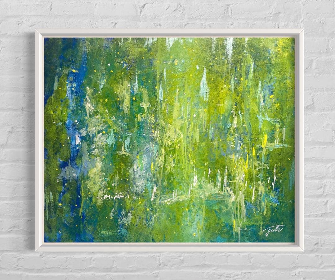 原画　73×60cm「美しき緑の星」現代アート　額縁付