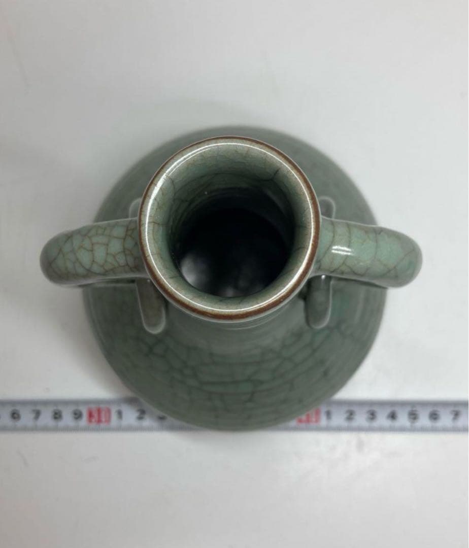 中国古窯哥窯青磁環付花入　口3.5cm 高21.3cm