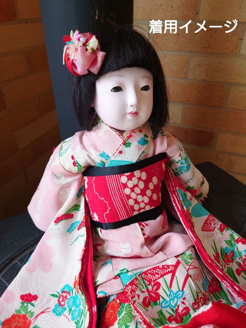 市松人形　お振り袖　着物と帯のセット　縮緬　古布　袷　本仕立て　15号52cm用