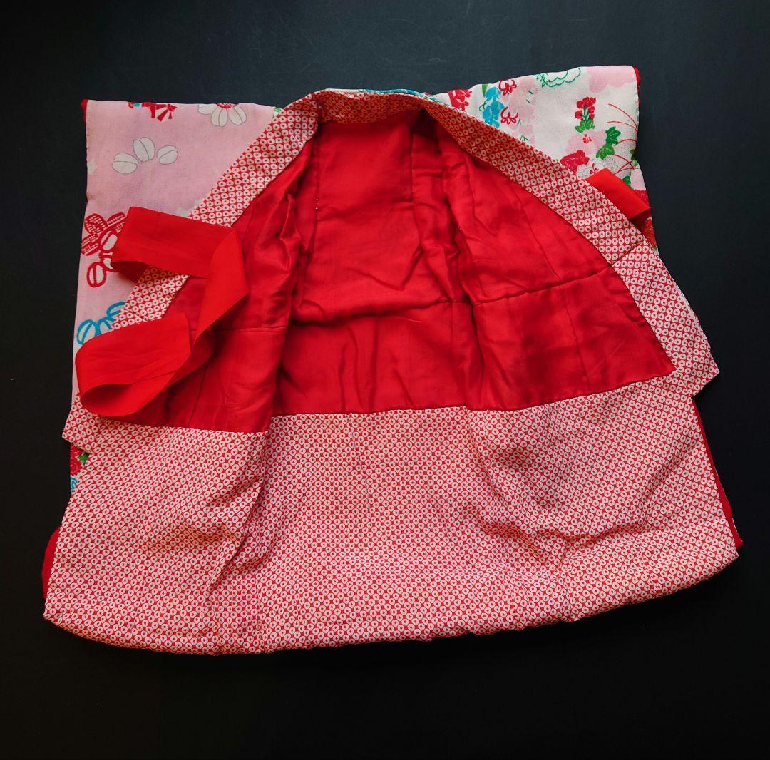 市松人形　お振り袖　着物と帯のセット　縮緬　古布　袷　本仕立て　15号52cm用