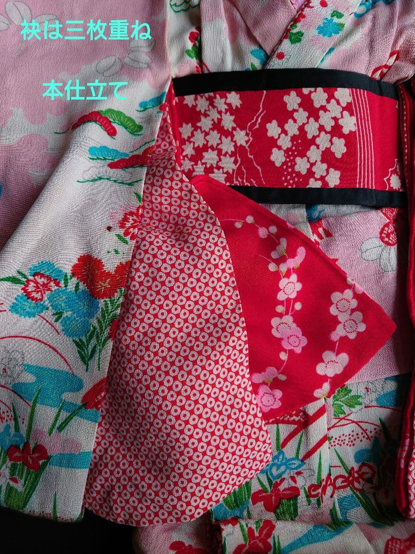 市松人形　お振り袖　着物と帯のセット　縮緬　古布　袷　本仕立て　15号52cm用