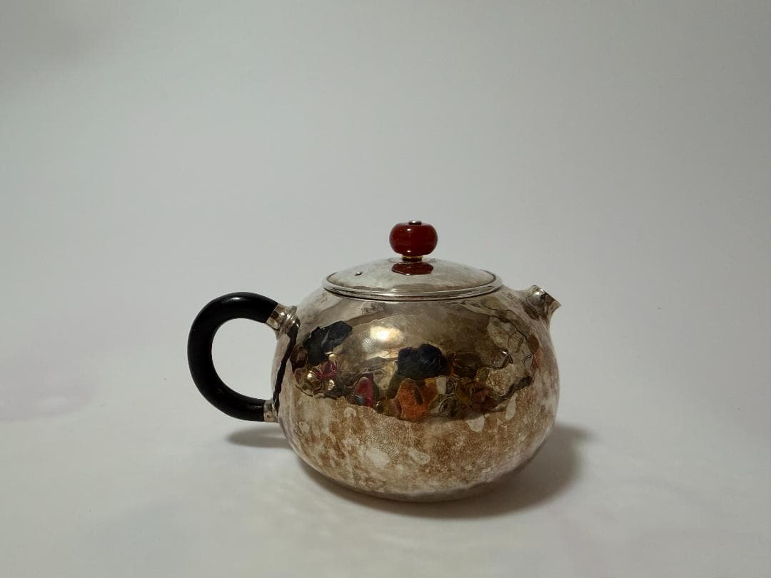 純銀製 玉石摘 丸形 急須 銀瓶 煎茶道具