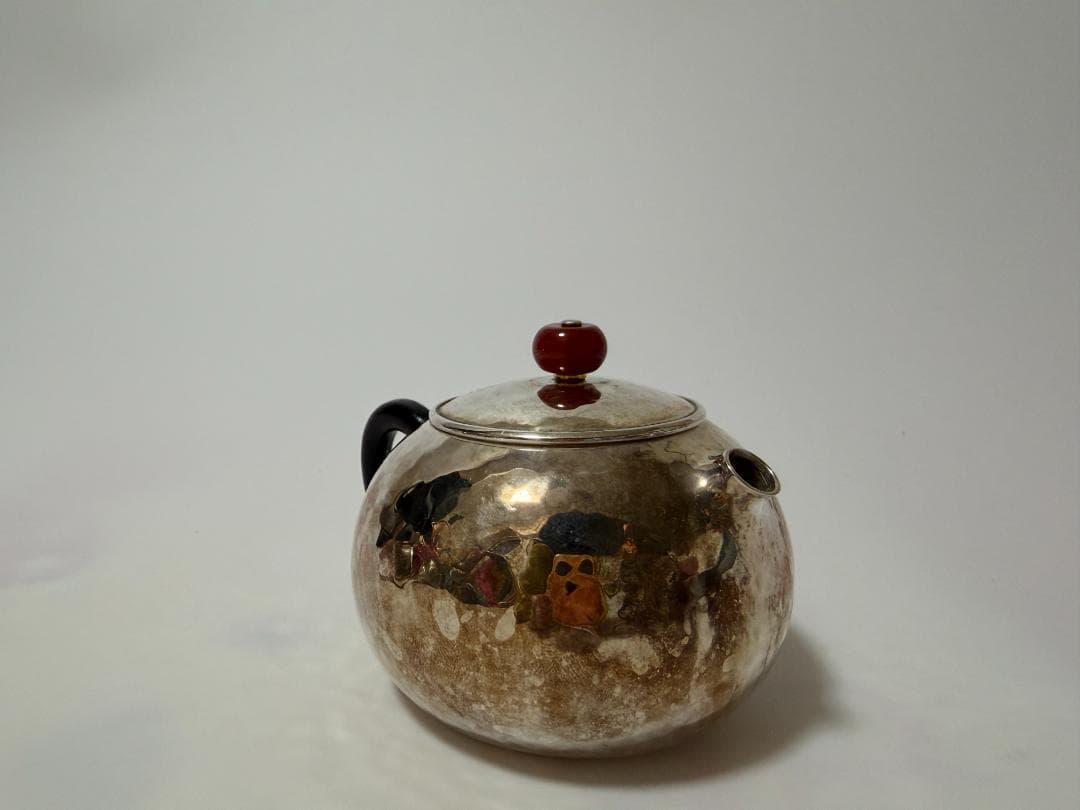 純銀製 玉石摘 丸形 急須 銀瓶 煎茶道具