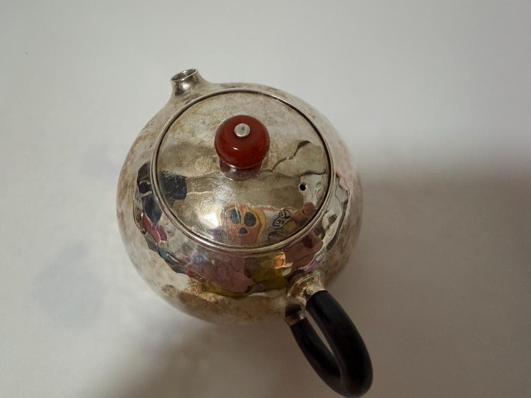 純銀製 玉石摘 丸形 急須 銀瓶 煎茶道具