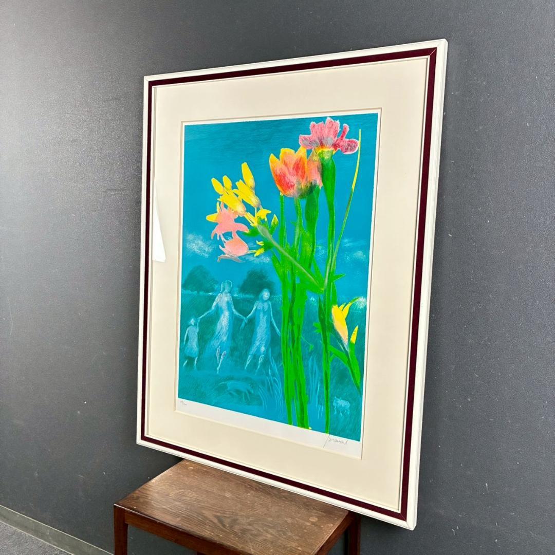 美品 ポール・ギヤマン「青い背景の花々」リトグラフ 大作 直筆サイン入 古径額