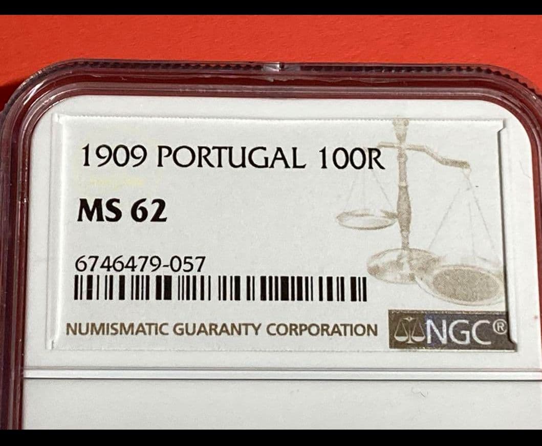 激レア　ポルトガル１００レイス銀貨【マヌエル２世１９０９年】NGC鑑定