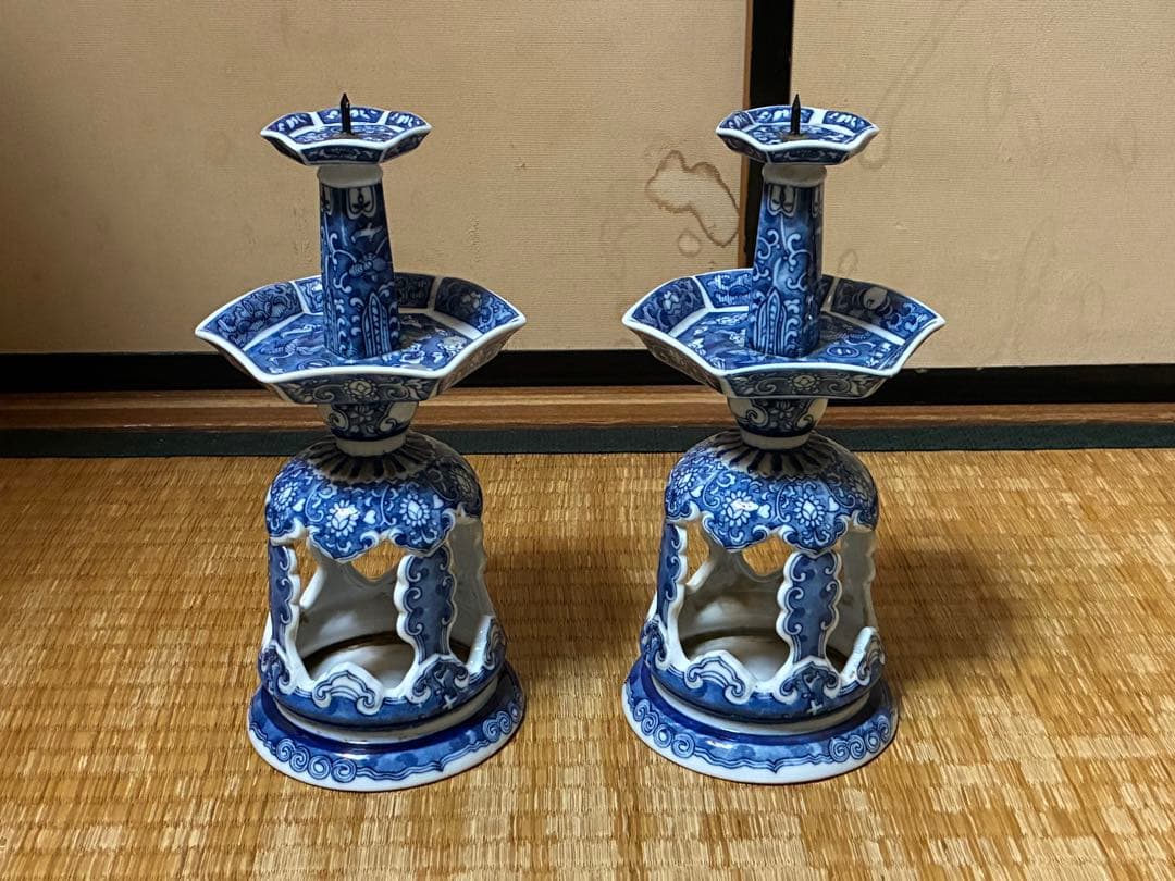 古伊万里 中国 青花 染付 燭台 一対 時代物 中国美術