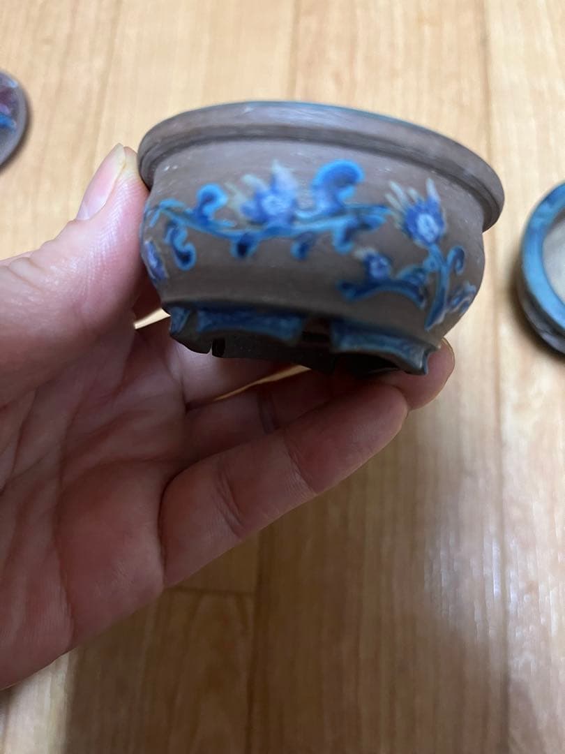 豆盆栽鉢　希少時代　陶翠　彩交趾黒泥丸豆鉢3個セット