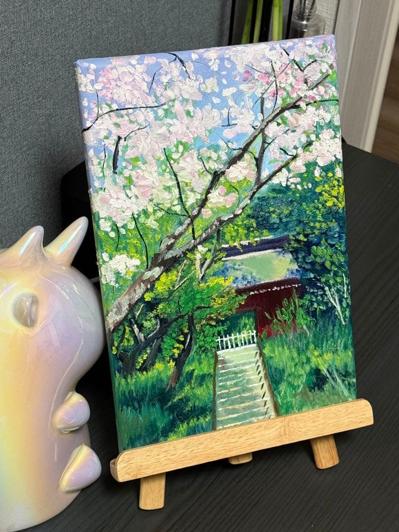 yue　「桜と寺」　手描き　油絵　風景画　原画　油彩画　印象派