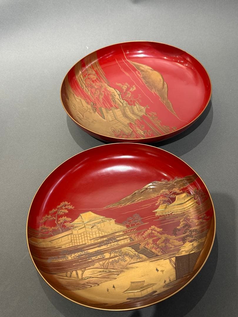 漆器 重箱 一組 金蒔絵 楼阁人物風景文 共箱付 朱塗 時代物