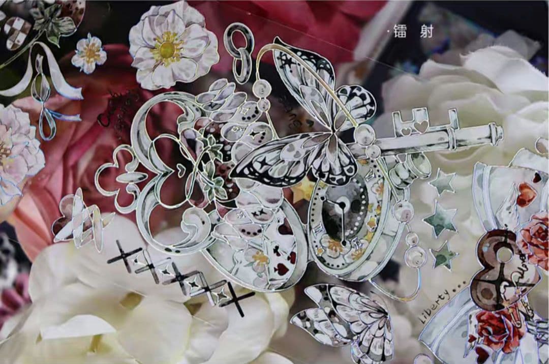 巻売 504★ 海外 マスキングテープ マステ PET 装飾 花 蝶 銀ホロ