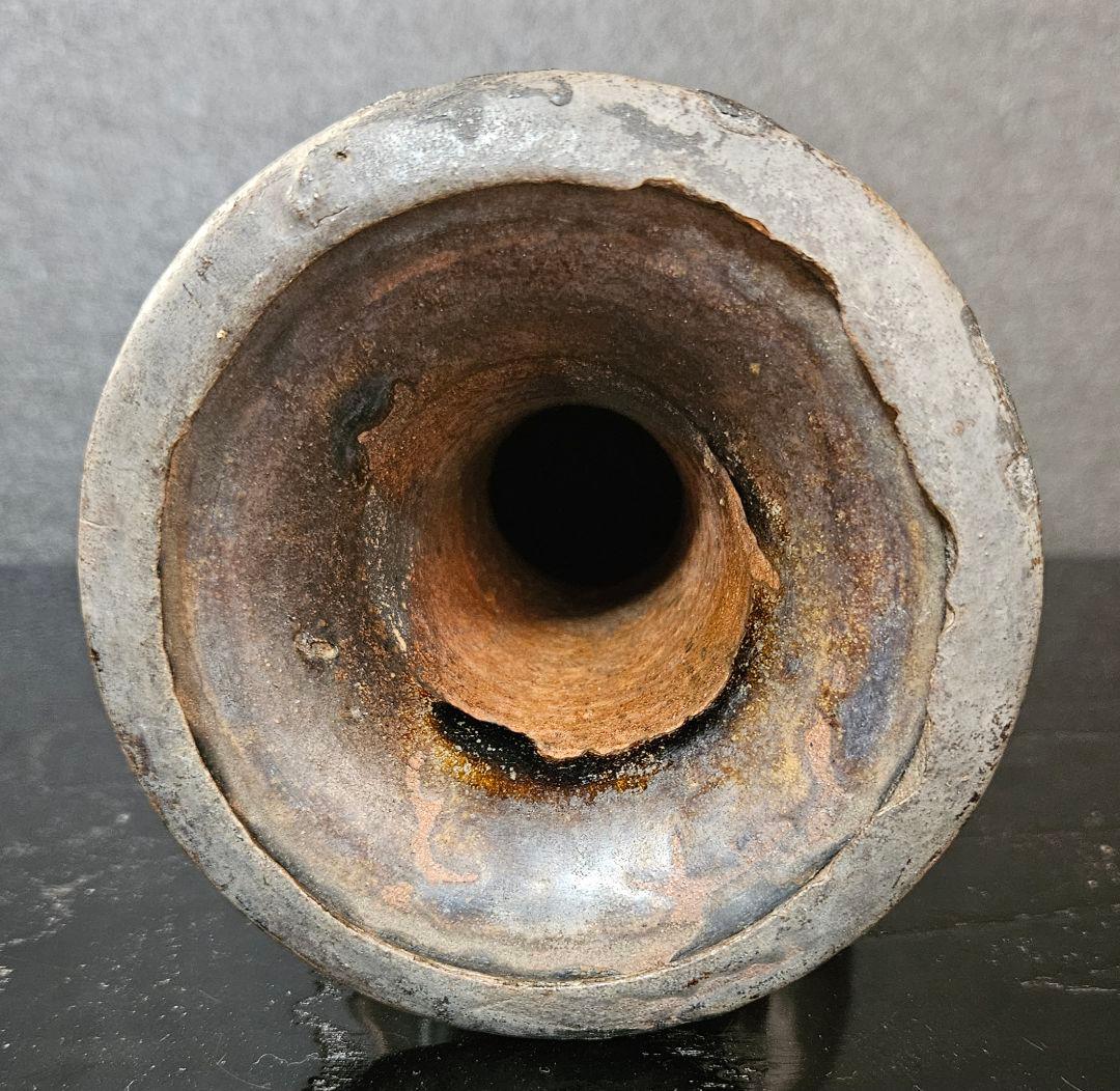 江戸時代　古唐津系　双耳　褐釉　鉄釉　広口　花入れ　花生け　花瓶　茶道具　茶器