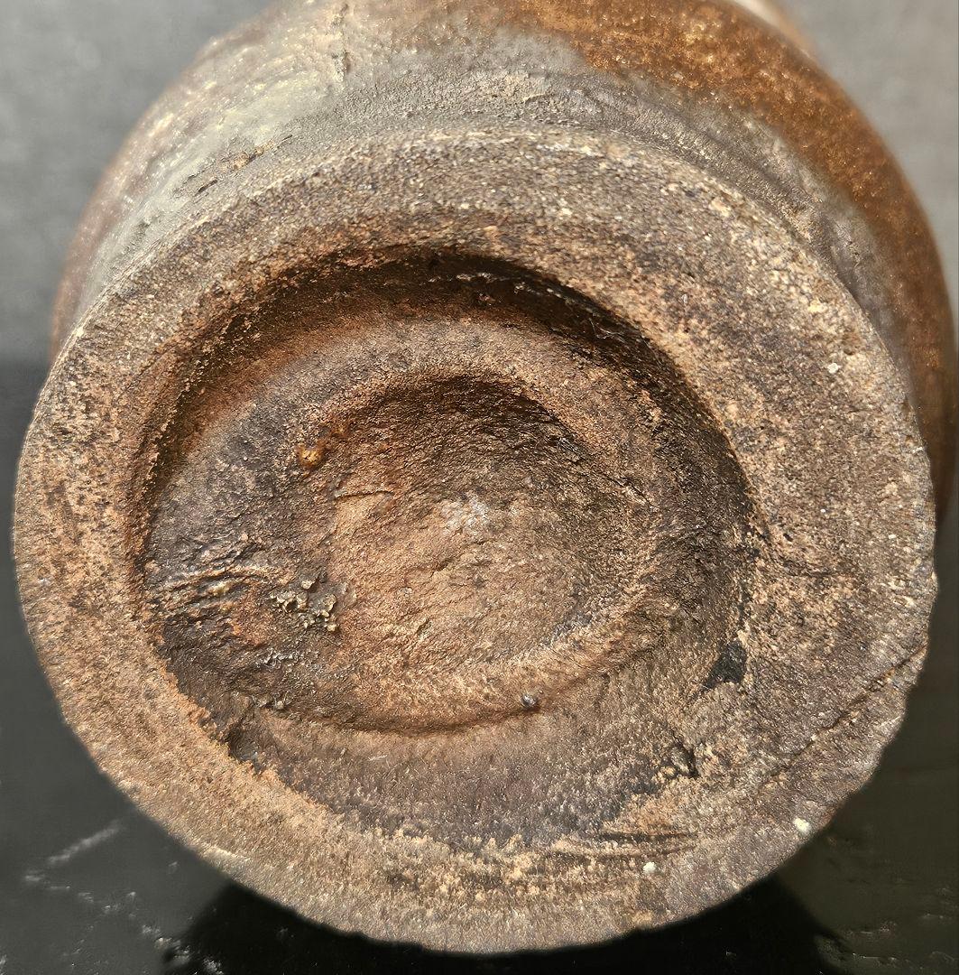 江戸時代　古唐津系　双耳　褐釉　鉄釉　広口　花入れ　花生け　花瓶　茶道具　茶器