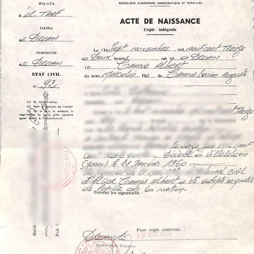 アルベール・カミュ　出生証明書　希少品