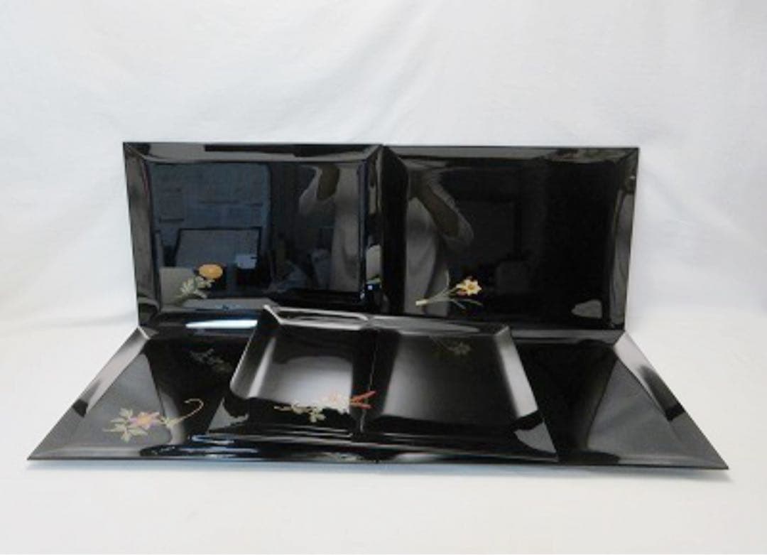 懐石道具 輪島塗 木製黒真塗 卓上膳 5客揃 絵変わり 平膳 おしゃれ 共箱