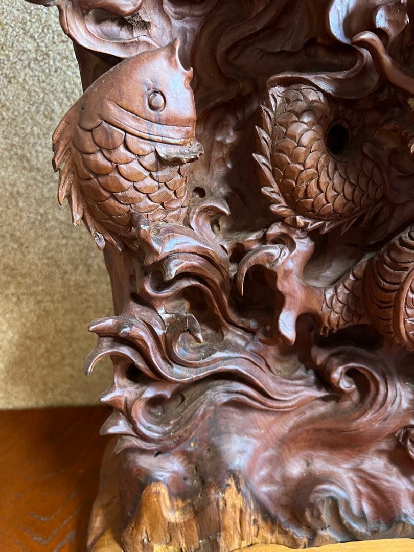 天然木 一刀彫 昇龍興龍