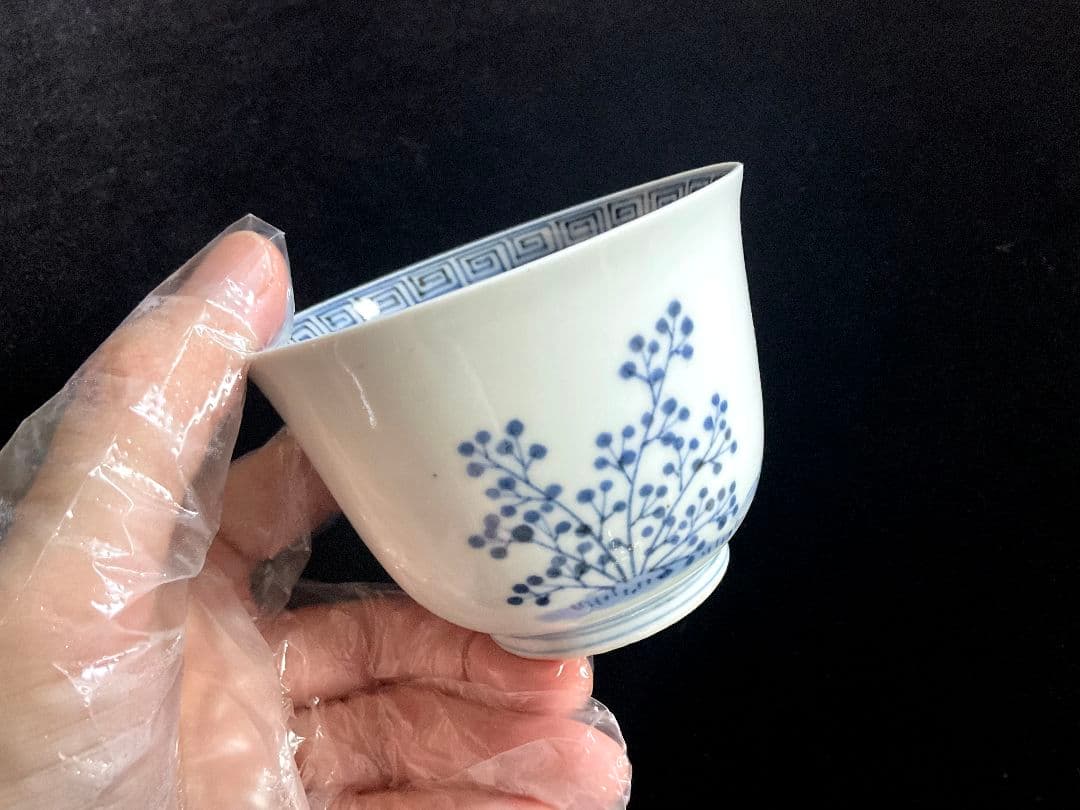 江戸期　古伊万里　染付　秋草萩に蝶文　薄手汲出碗　4個セット　湯呑