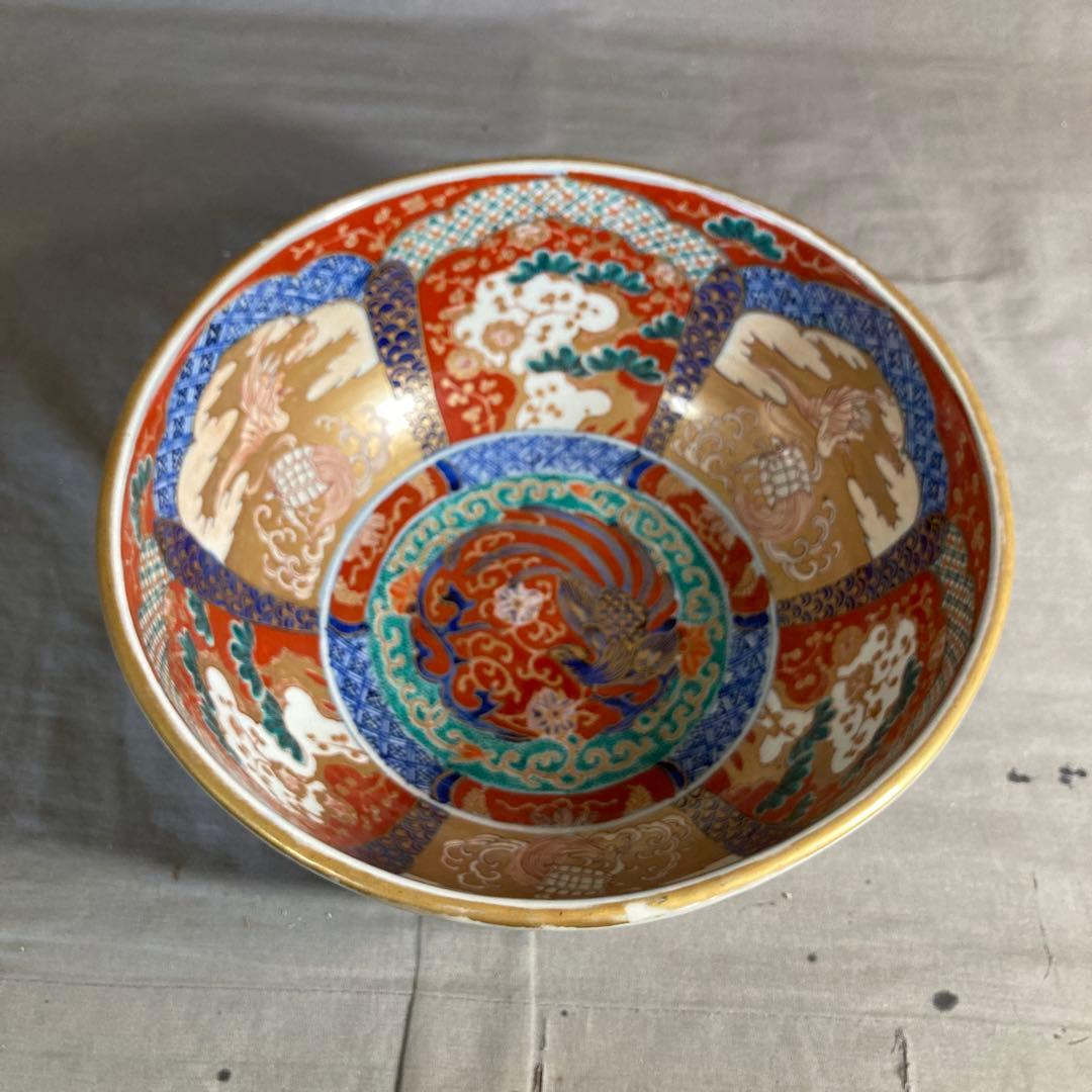 【古伊万里文】古伊万里の伝統　古伊万里文　極錦三方割鶴亀松梅鳳凰見込文　大深鉢