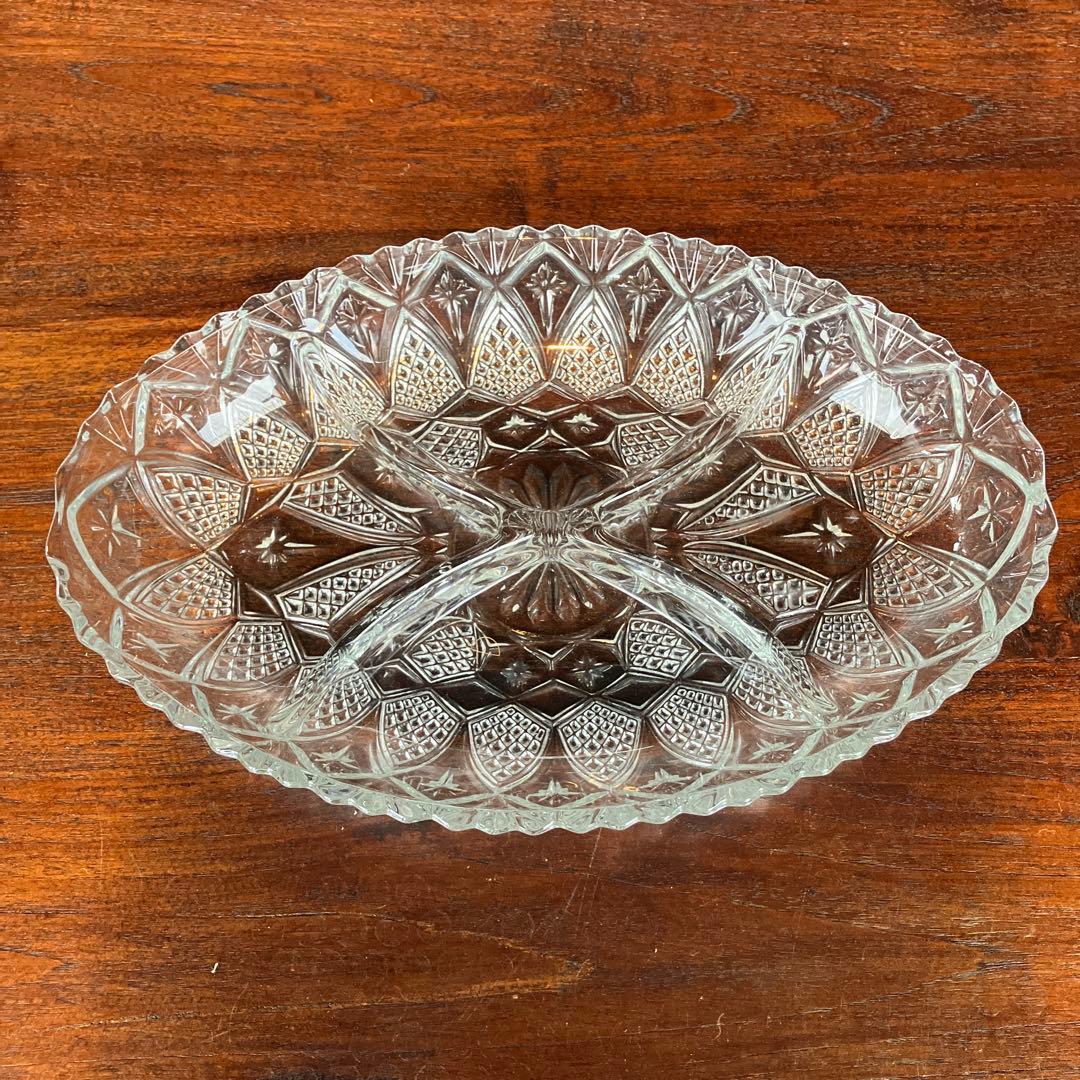 フランスアンティーク オードブルガラスプレート 4仕切 切子