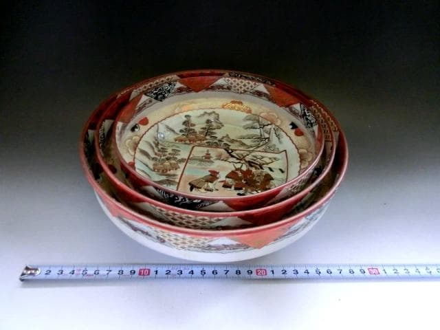 鉢■古九谷製赤絵窓武者図三つ鉢(江戸後期～明治期)大鉢 武士 三鉢 時代物骨董■