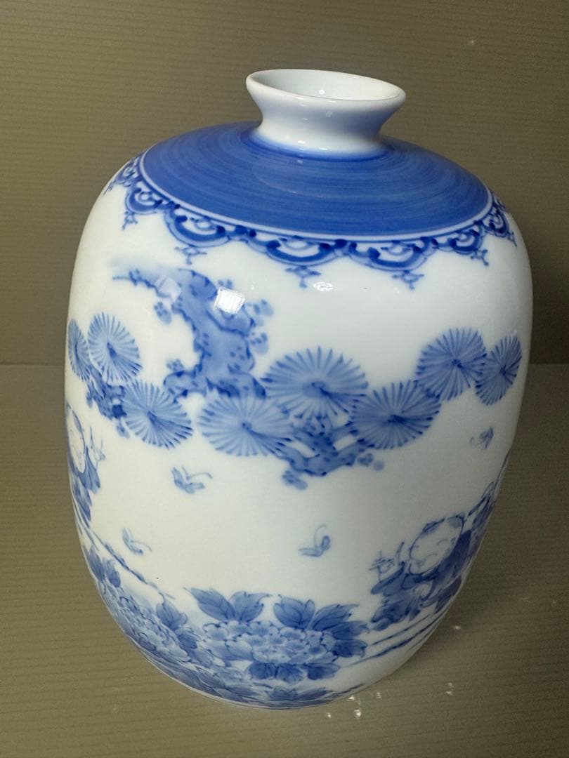 2568 平戸祐祥　染付　唐子絵　花瓶　未使用