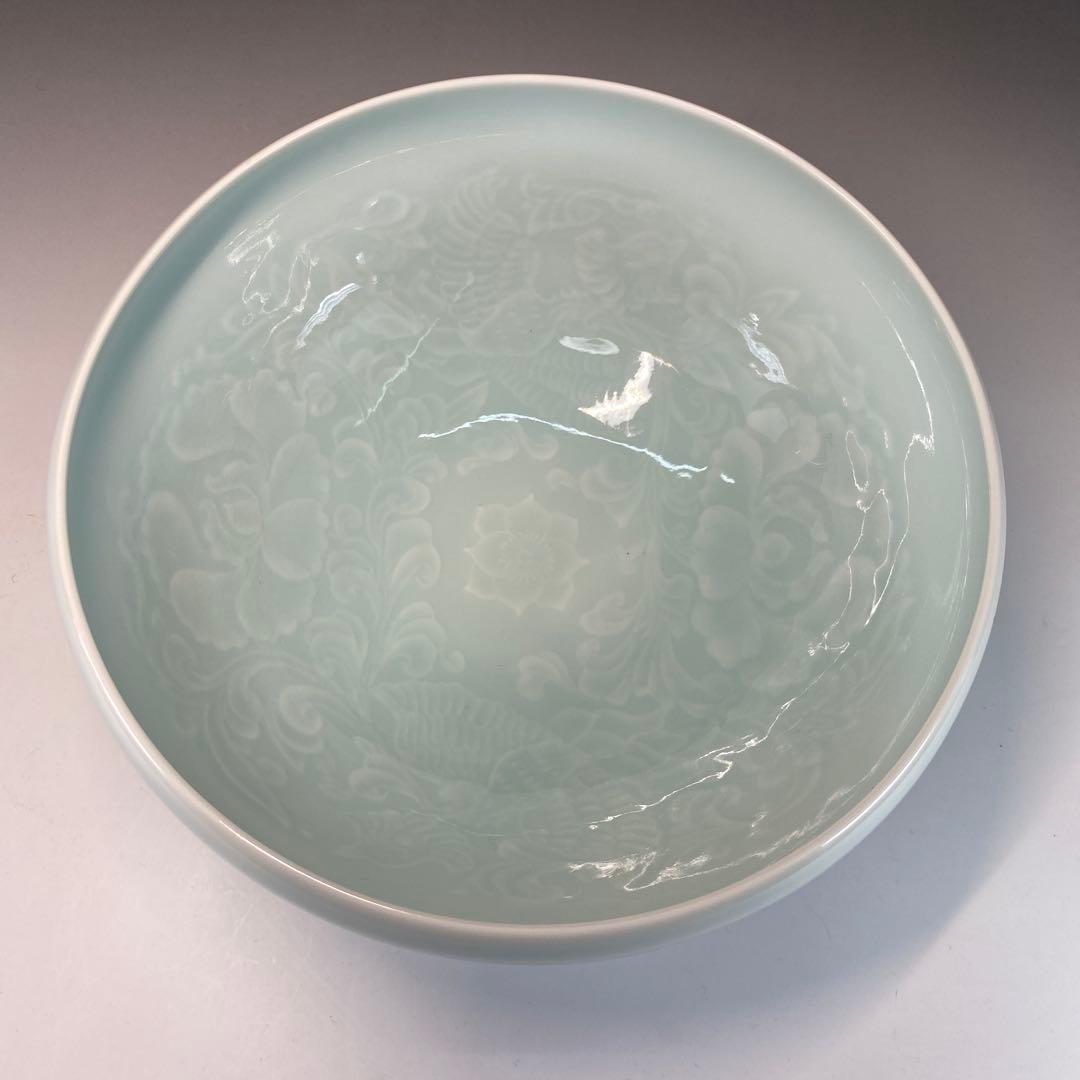 【茶道具】快山窯　塚本快示造　青青磁菓子鉢（共箱）