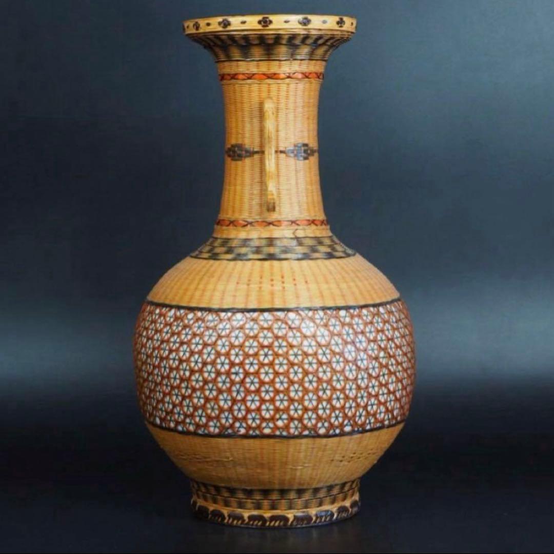 中国古玩　竹細工竹編　大型双耳天球瓶　花瓶。