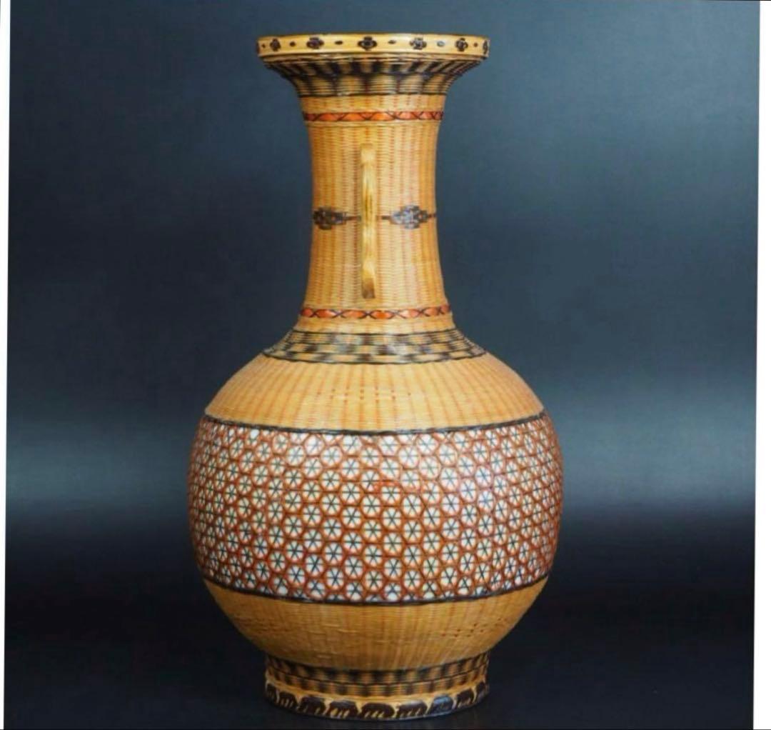 中国古玩　竹細工竹編　大型双耳天球瓶　花瓶。