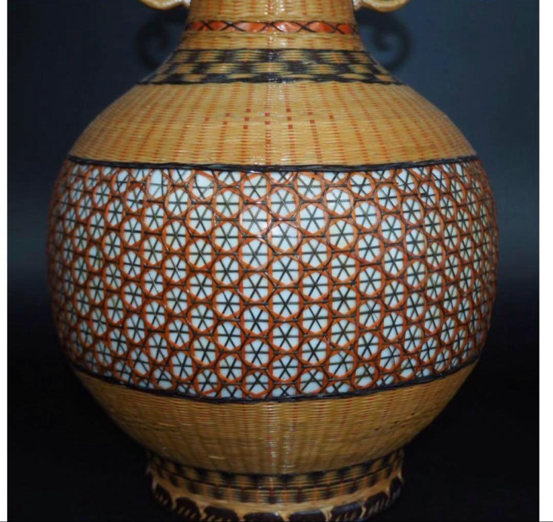 中国古玩　竹細工竹編　大型双耳天球瓶　花瓶。