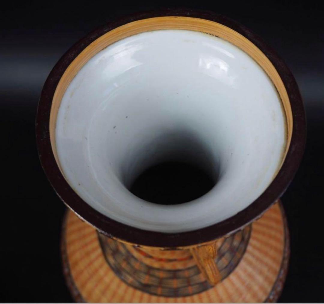 中国古玩　竹細工竹編　大型双耳天球瓶　花瓶。