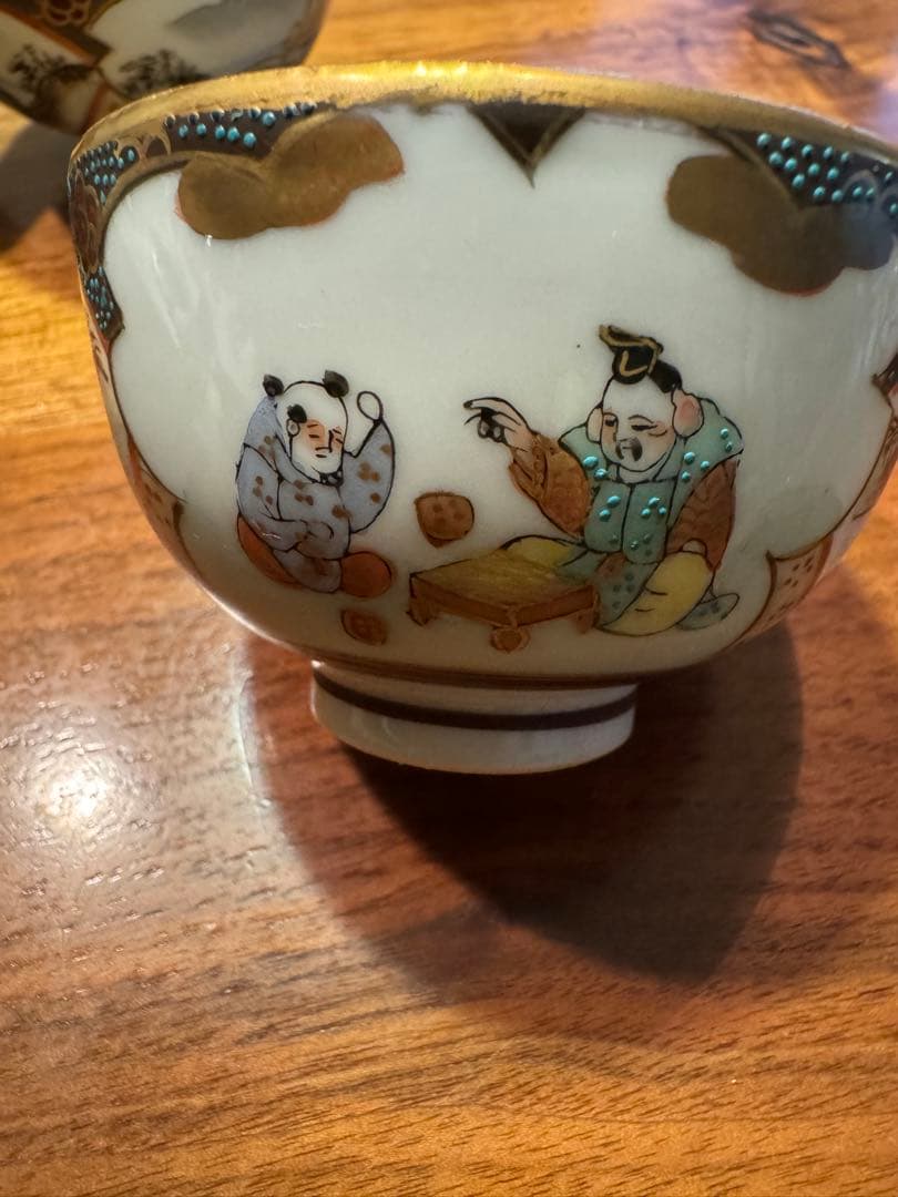 【希少品】大正期　骨董品　古九谷　急須/ 湯冷まし/茶碗4客　青粒模様